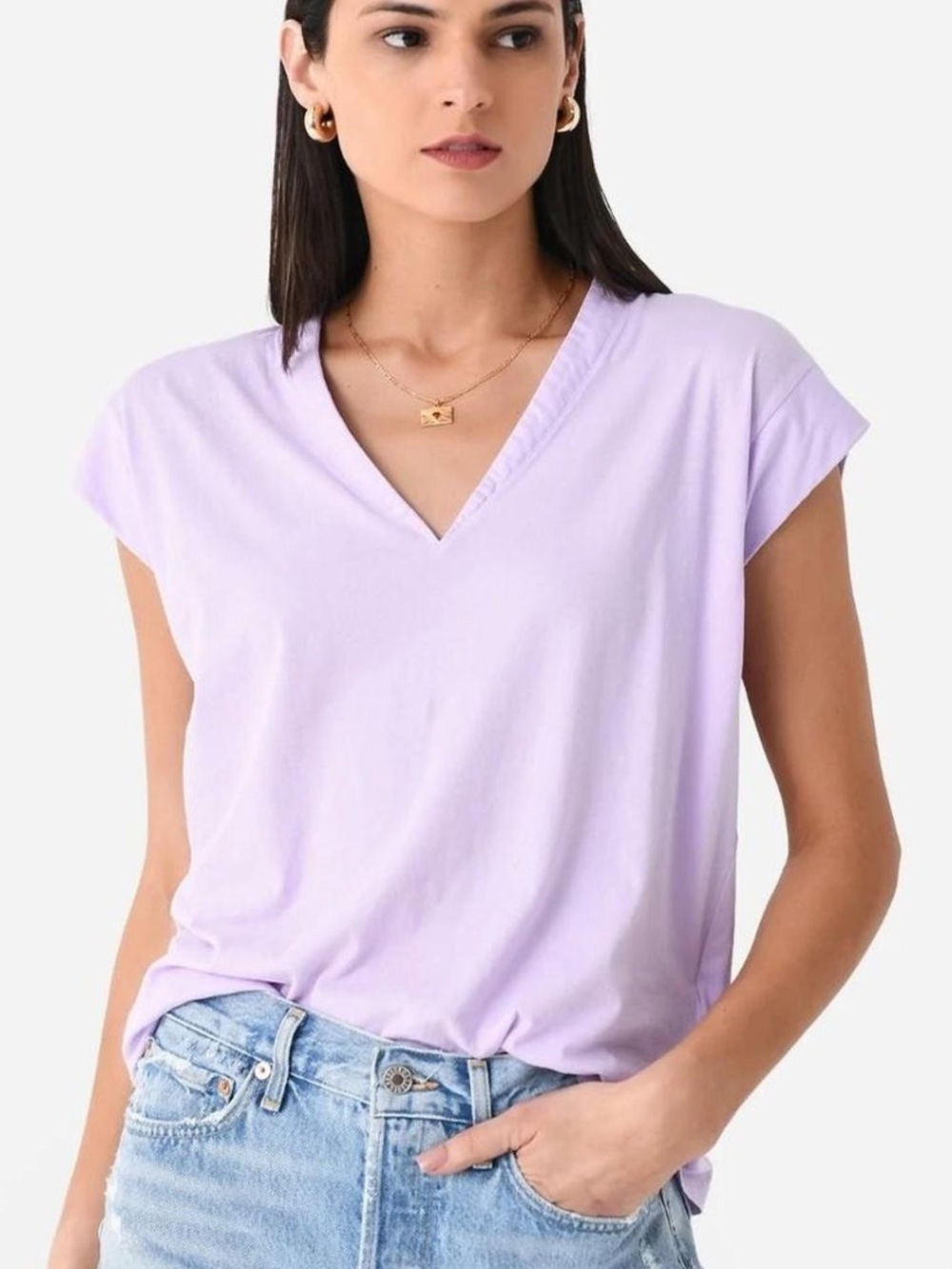 FRAME Le Mid Rise Organic Cotton V-Neck Tee Lilac Purple Relaxed Basic Top Large